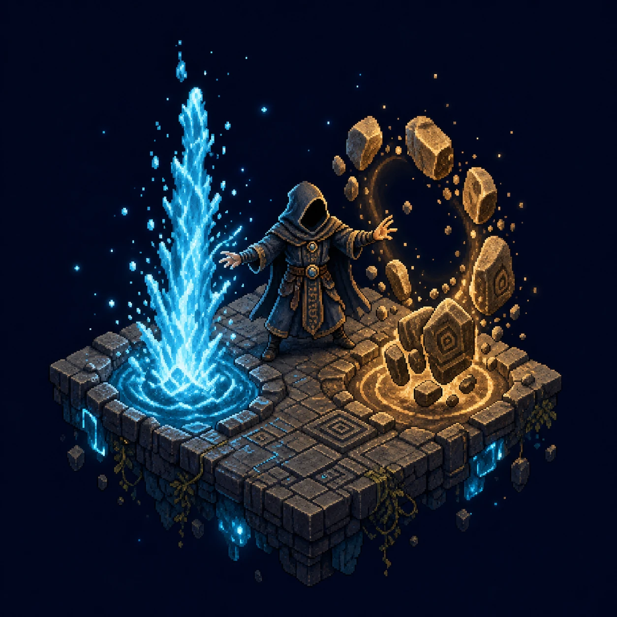 An isometric hooded geomancer stands between a blue geyser and a ring of levitating golden rocks on a floating stone platform.