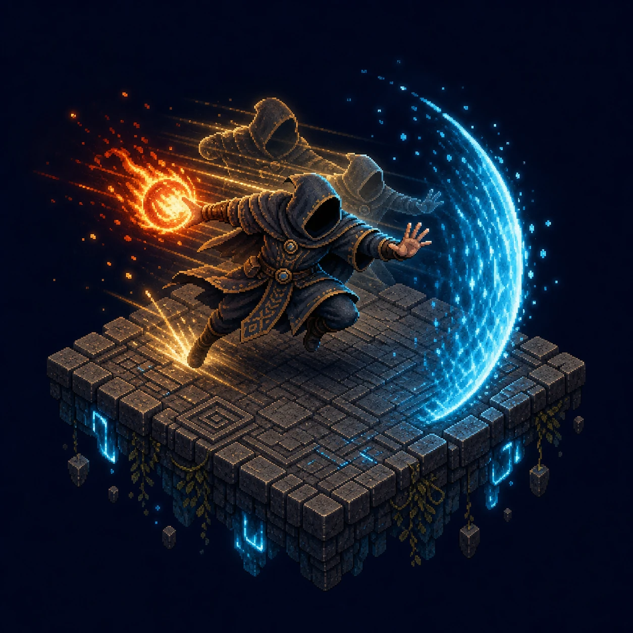 An isometric hooded battlemage surges across a floating stone platform with a fireball, a curved blue magical shield, and golden speed trails.