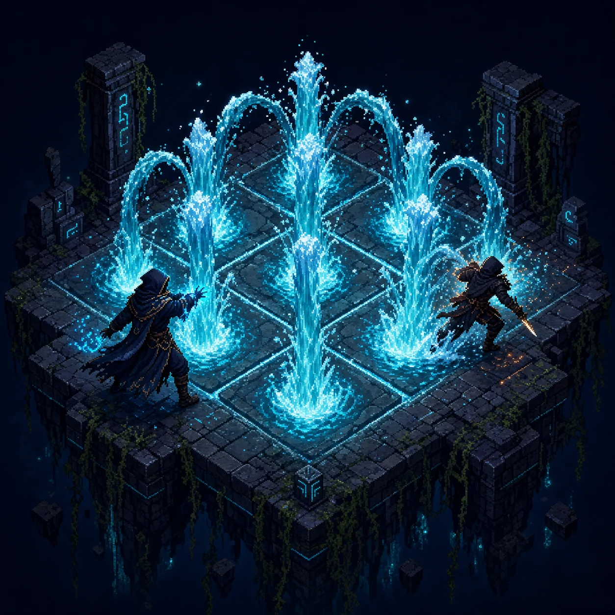 An isometric pixel-art water geomancer raising nine geysers across a glowing stone grid while a dagger fighter braces against the spray.